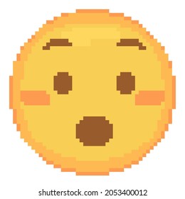 Pixel art Hushed Emoji face icon. Vector cute pixel Surprised emoticon. Awe Emoji in retro pixel 8 bit style. Surprise wow emoji yellow smile face isolated icon.