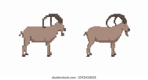 Pixel art ibex with large curved horns shown in side view, highlighting its unique features.