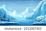 pixel art ice arctic nature game level background, winter landscape, iceberg, snow mountains hills, 8 bit arcade video game, vector illustration
