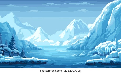 pixel art ice arctic nature game level background, winter landscape, iceberg, snow mountains hills, 8 bit arcade video game, vector illustration