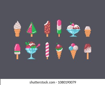 Pixel art ice cream collection, vector illustration.