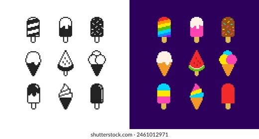 Pixel Art Ice Cream colorful icons pop art poster in retro game style. Rainbow Pixel Ice Сream on a stick and ice cream popsicle - editable vector icons set. Pixel Ice Cream black silhouette icon