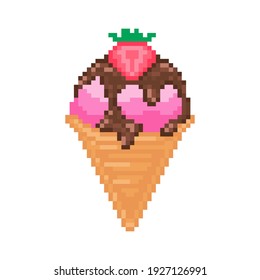 Pixel art ice cream cone. Pixel 8 bit strawberry ice cream cone with chocolate and berry on white background. Digital fancywork cute ice cream. Vector.