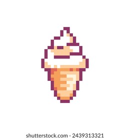 Pixel Art Ice Cream Cone Icon. Vector Y2K 8Bit Sticker of Soft Serve Dessert. Cute Summer Waffle Cone Video Game Element for Cool Decoration.