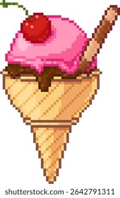 Pixel art ice cream cone with pink and chocolate scoops, cherry topping, and wafer stick. Cute and retro design in a fun summer dessert style. Vector illustration.