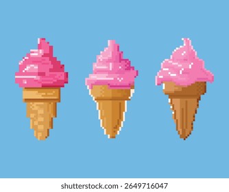 Pixel Art Ice Cream Cone Set Retro Summer Dessert. A charming set of 8-bit style pixel art ice cream cone icons.