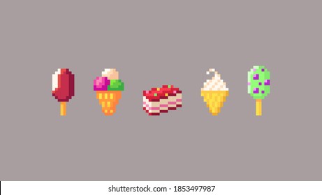 Pixel art ice cream different kinds. Vector illustration.
