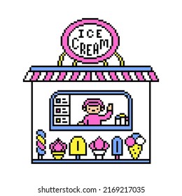 Pixel Art Ice Cream Kiosk, Parlor, Restaurant Building Isolated On White Background. Desserts To Go. Old School Retro 80's-90's 8 Bit Slot Machine, Video Game Graphics. Street Food Place. Fair Cafe.