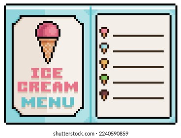 Pixel art ice cream menu, open paper menu vector icon for 8bit game on white background