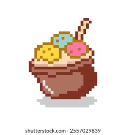 Pixel art of Ice Cream. Pixelated ice cream in a cup with stick waffle.