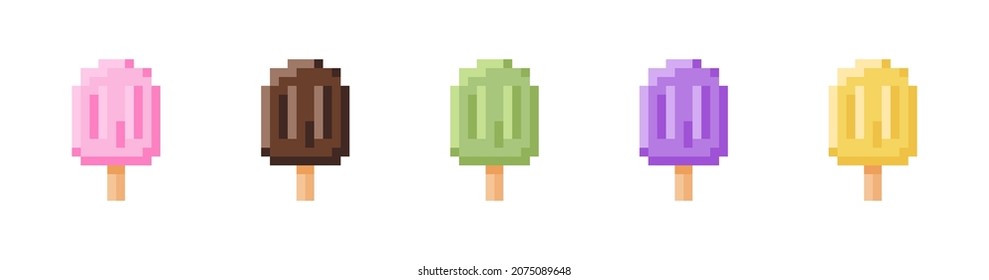 Pixel art ice cream set. Retro video game collection of 8 bit ice creams. Vector sweet elements in 90s style.
