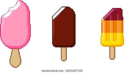 Pixel art ice cream set. 8-bit style frozen treats on sticks - fruity and layered popsicles, chocolate covered bars. Retro dessert graphics for summer themes and game UI.