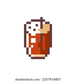 Pixel Art Iced Coffee. Retro 8 bit Style Coffee Drink Illustration. Ideal for Beverage Sticker, Retro Decorative Element, Game Asset, Emoji, Patch or Cute Geek Avatar.	