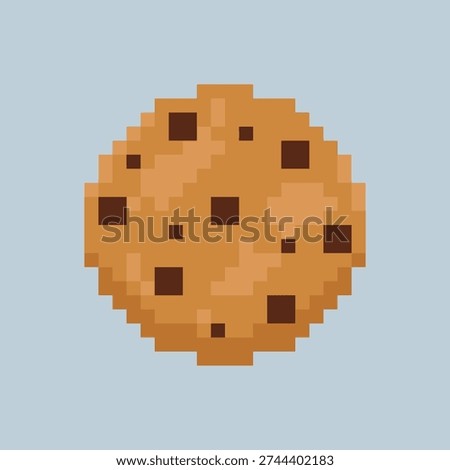 Pixel art icon of a cookie with chocolate in 8 bit style. Sweet dessert illustration symbolizing breakfest, confectionery, snack, and indulgence. Perfect for games, apps, menus, packaging, and digital design projects.