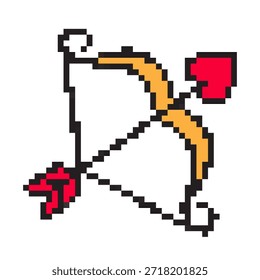 Icono del arte del pixel del arco de Cupido en estilo vintage de 8 bits. Lindo diseño retro para el día de San Valentín, amor, romance, boda o proyectos de mensajes románticos.