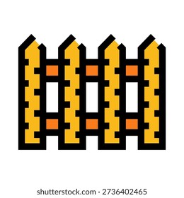 Pixel art icon depicting a yellow wooden picket fence with black outlines and orange crossbars, representing a boundary, security, or separation in digital design and user interfaces