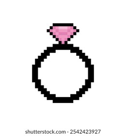 Pixel art icon of a diamond ring, symbolizing love and commitment. Valentine's theme in retro 8-bit style on a transparent background.