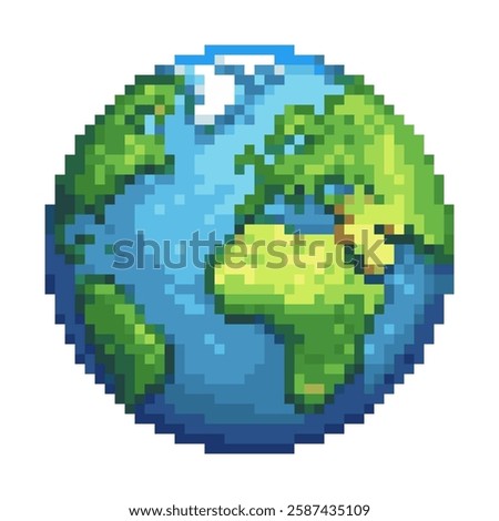 Pixel art icon of the Earth. 2D game asset. 8-bit style logo. video game graphics. isolated on white background. retro gaming aesthetic. vector graphics.