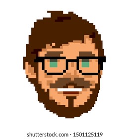 Pixel art icon face man with hair, beard and glasses.