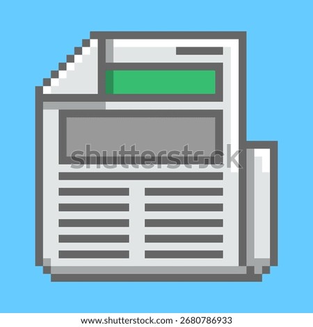 Pixel art icon of a folded newspaper, designed in a classic 8-bit retro style. This illustration, featuring a headline and text columns, is a perfect symbol for news, media, and information