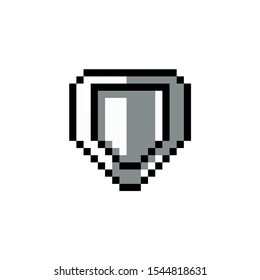 Pixel art icon of game object, 
iron shield vector illustration.