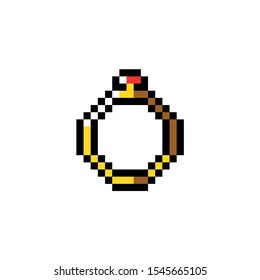 Pixel art icon of game object, gold ring with diamond vector illustration.