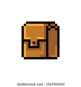 Pixel art icon of game object, leather backpack, vector illustration.