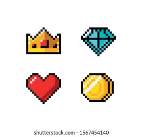 Pixel art icon of game object, set of items, vector illustration.