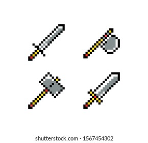 Pixel art icon of game object, weapon set, vector illustration.