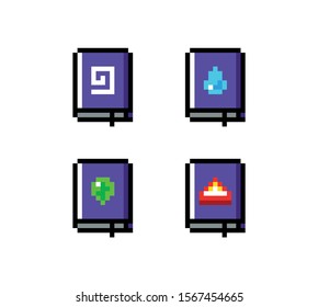 Pixel art icon of game object, set of magic books, vector illustration.