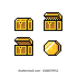 Pixel art icon of game object,
treasure chests, vector illustration.