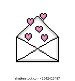 Pixel art icon of a love letter in 8-bit style, perfect for Valentine's Day or romantic messages. Vector illustration on a transparent background.