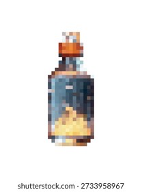 Ícone de arte de pixel de um frasco de poção mágico com faísca interna brilhante, luz dourada nobre dentro de vidro, elixir de jogo de fantasia em estilo retro de 8 bits, tons de âmbar quente e azul suave, recurso místico de IU RPG.