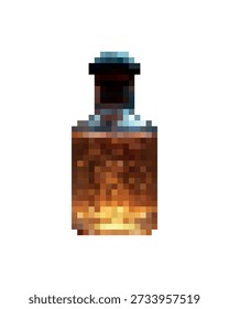 Ícone de arte de pixel de uma garrafa de poção mística com brilho âmbar nobre dentro, pequena chama interna brilhando através de vidro, elixir mágico estilo de jogo retro, tons dourados quentes, item de fantasia para recursos de UI ou RPG.