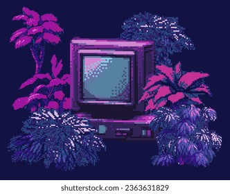 Pixel art icon of an old retro TV or a computer surrounded by fern leaves on a dark background. Surreal vaporwave style illustration.