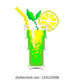 Pixel art icon. The icon of the pixels for a summer theme. Sea tour. Summer fresh Mojito cocktail in yellow-green color with a tube, a slice of lemon and mint in the style of pixel art