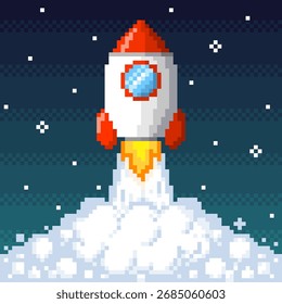 Pixel art icon rocket launch with flame and smoke. Pixelated illustration of spaceship. Retro 8 bit pixel art
