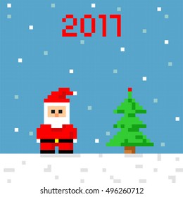 Pixel art icon Santa. Festive greeting card. Christmas and new year 2017. Santa Claus and Christmas tree in style of eight-bit game. Vector illustration