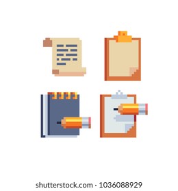 Pixel art icon set clipboard, data, new document, note isolated vector illustration. Element design for sticker, logo, web, mobile app. 8-bit.