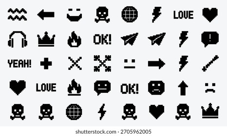 Pixel Art Icon Set Collection with Various Symbols and Expressions