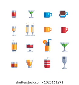 Pixel art icon set cups of drinks, tea, coffee, cocktail, juice and alcohol glass isolated vector illustration. Element design stickers, logo, mobile app, menu. Video game assets 8-bit sprite.