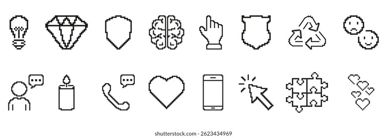 Pixel Art Icon Set. Diverse Symbol Collection For Creativity, Security, Communication, And Emotions. Retro Pixelated Icons. Isolated Vector Illustration.