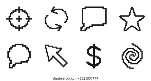 Pixel Art Icon Set Featuring Target, Refresh, Speech Bubble, Star, Cursor, Dollar Sign, And Spiral. Versatile Pixelated Symbol Collection For Digital Interfaces. Isolated Vector Illustration.