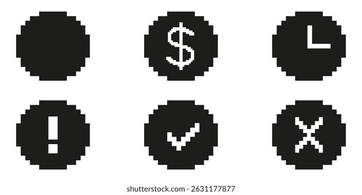 Pixel Art Icon Set Featuring Dollar Sign, Clock, Exclamation Mark, Check Mark, And Cross. Financial, Time Management, Alert, Approval, And Rejection Symbols. Isolated Vector Illustration.
