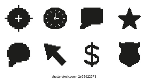 Pixel Art Icon Set Featuring Target, Clock, Speech Bubble, Star, Cursor, Dollar Sign, And Shield. Symbol Collection For Navigation, Communication, Finance, Security. Isolated Vector Illustration.