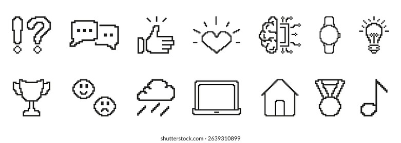 Pixel Art Icon Set Featuring Communication, Emotions, Technology, And Achievement Retro Symbols. Retro Style Pixelated Symbol Collection. Isolated Vector Illustration.