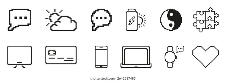 Pixel Art Icon Set Featuring Communication, Technology, And Wellness Symbols. Includes Speech Bubbles, Cloud, Battery, Yin Yang, Puzzle, Screen. Isolated Vector Illustration.