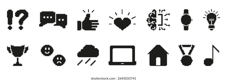 Pixel Art Icon Set Featuring Communication, Emotions, And Technology Symbols. Expressive And Functional Pixelated Retro Symbol Collection. Heart, Brain, Watch, And More. Isolated Vector Illustration.