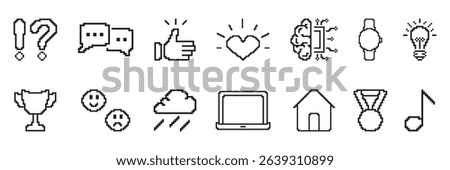Pixel Art Icon Set Featuring Communication, Emotions, Technology, And Achievement Retro Symbols. Retro Style Pixelated Symbol Collection. Isolated Vector Illustration.