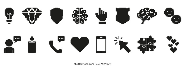Pixel Art Icon Set. Light Bulb, Diamond, Shield, Brain, Hand, And More. Creative And Communication Symbols Collection For Digital Design And User Interface Elements. Isolated Vector Illustration.